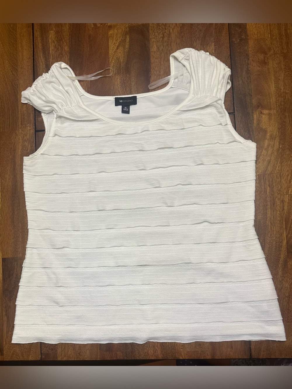 AB Studio White Textured Tank with Ruched Cap Sleeves